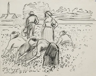 Studie af fem bondefigurer, der arbejder på en mark, 1887 (pen og blæk over sort kridt)